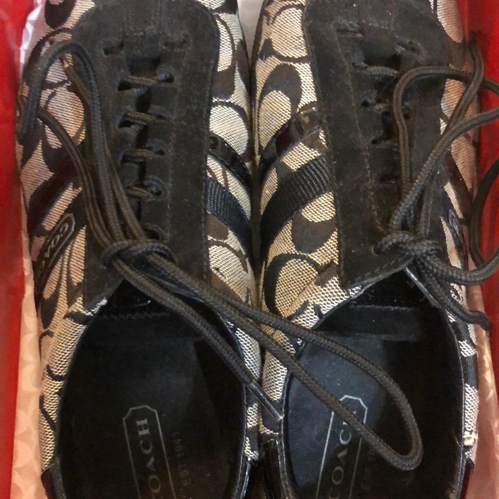 Coach shoes in box, black and white, women’s 9.5, medium with, barely worn.